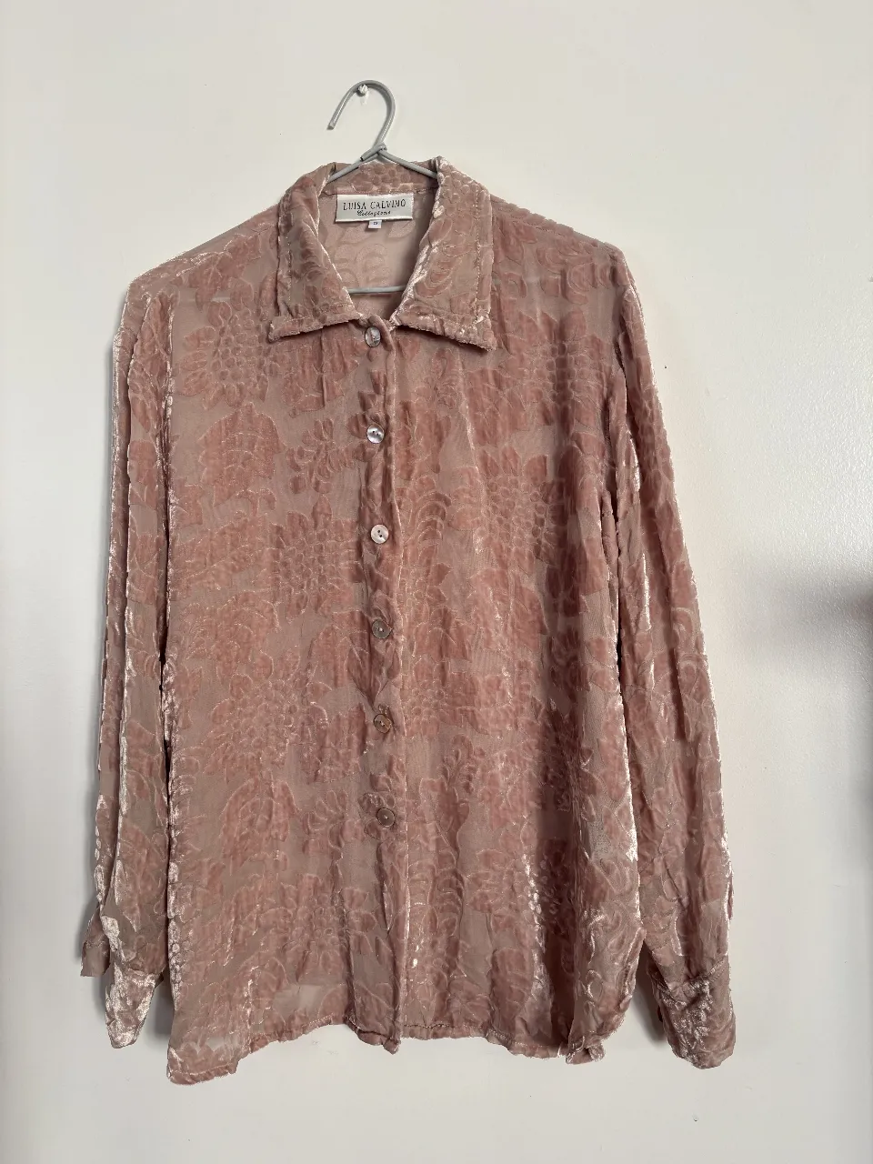 Blusa de terciopelo rosa con estampado floral, manga larga y botones. Ideal para un look elegante y vintage.